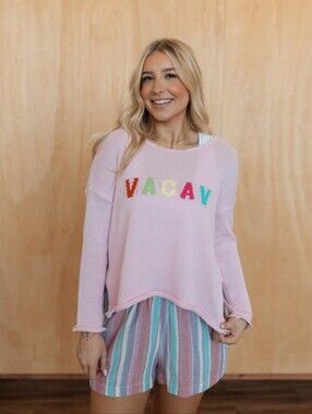 NWT Miracle "VACAY Knit" Lightweight Sweater Light Pink🩷Multicolor Font🌈Small